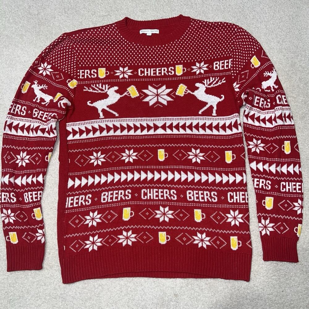 Celebrate Together Ugly Christmas Sweater Cheers Beers Reindeer Red XL Holiday